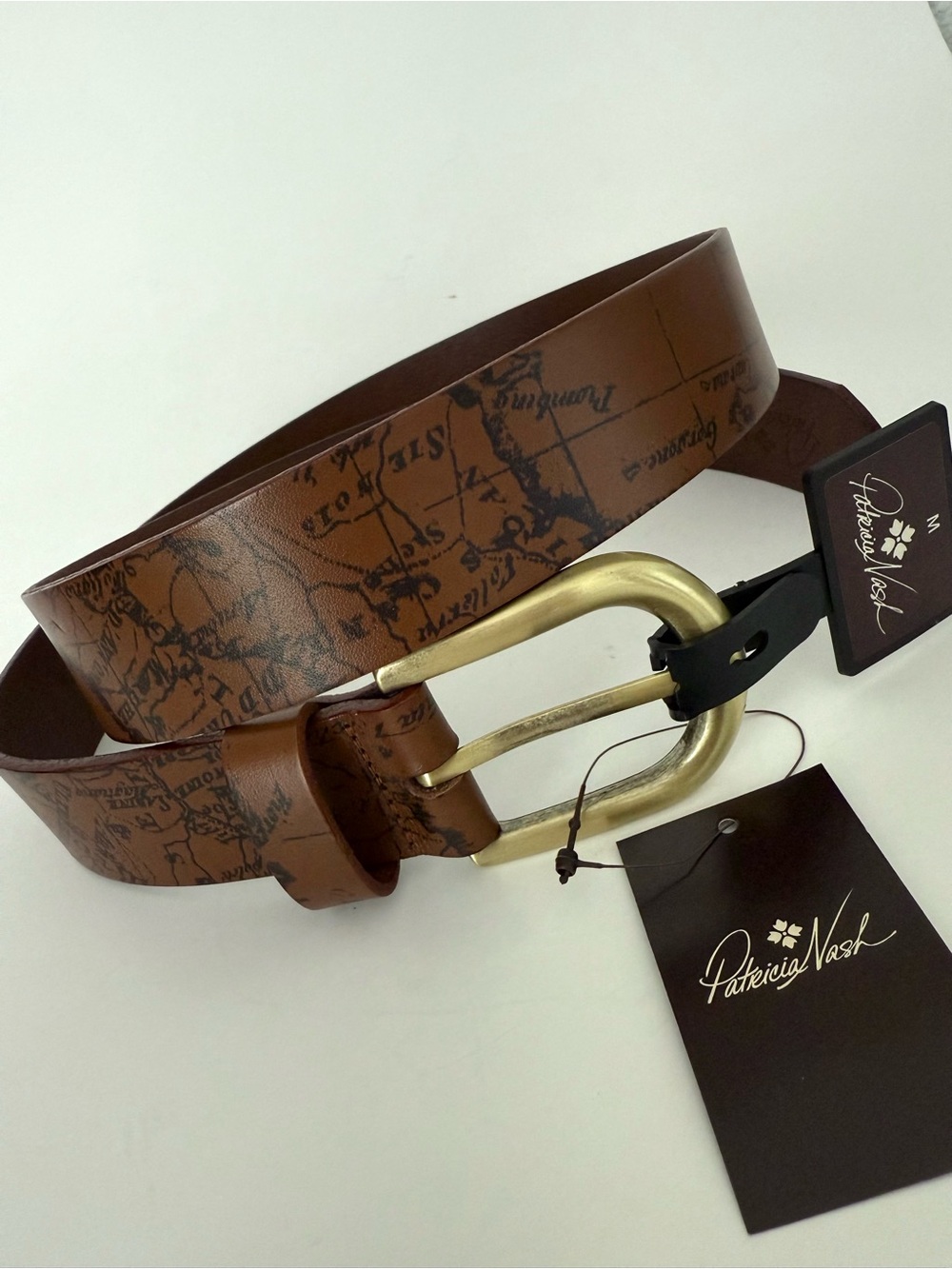 NWT Patricia Nash Brown Leather Vietri Map Gold Tone Buckle Boho Belt